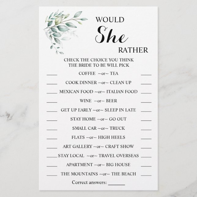 Would She Rather Eucalyptus BridalShower Game Card (Front)