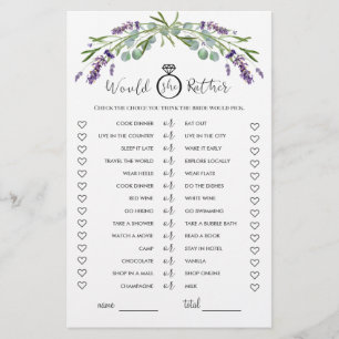 Would She Rather Eucalyptus Lavender Bridal Game
