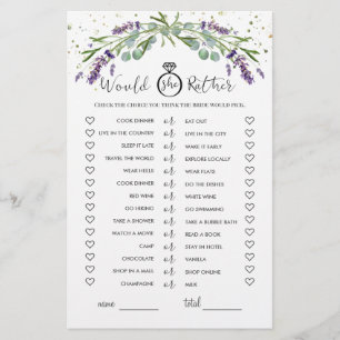 Would She Rather Eucalyptus  Lavender Bridal Game Flyer