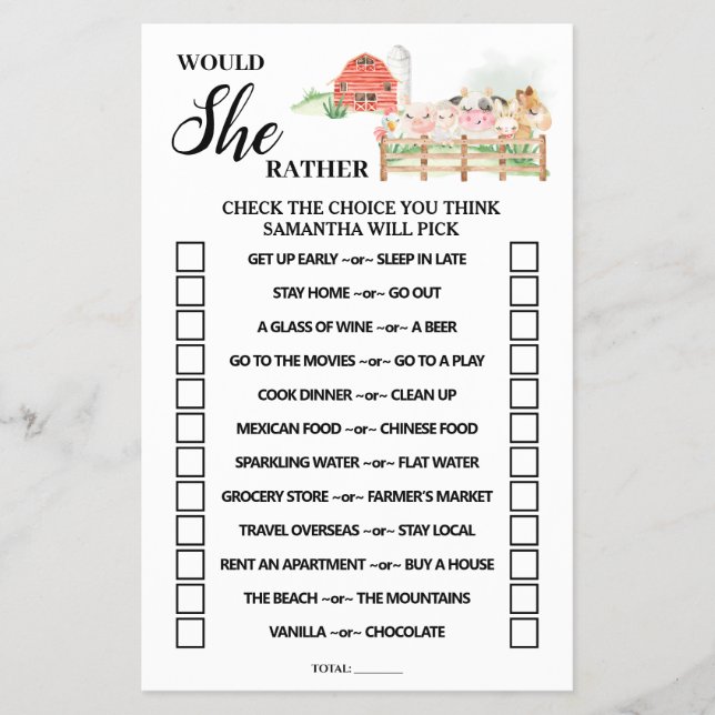 Would She Rather Farm Baby Shower Game Card (Front)