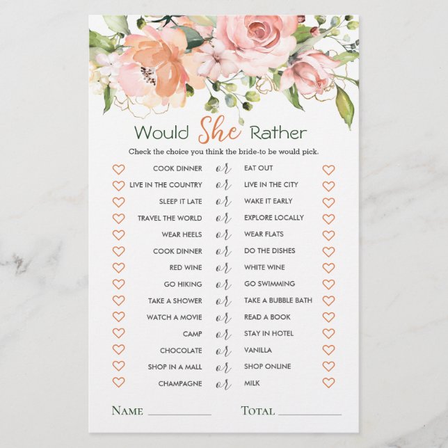 Would She Rather Floral Foliage Bridal Shower Game (Front)