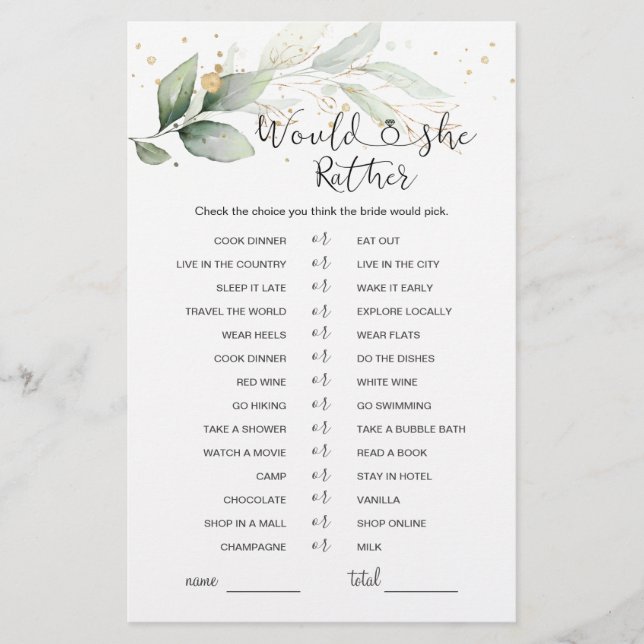 Would She Rather Greenery Bridal Shower Game (Front)