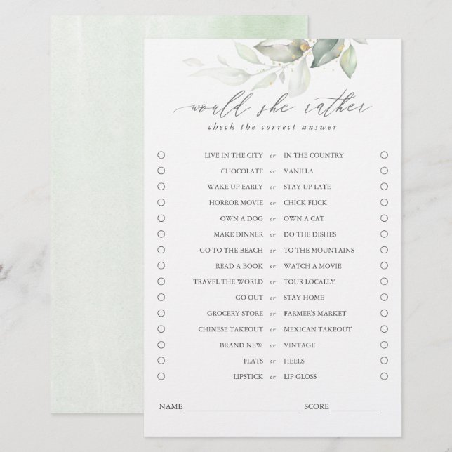 Would She Rather Greenery Leaves Bridal Game (Front/Back)