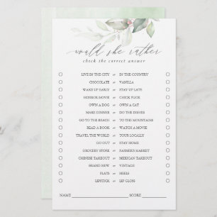 Would She Rather Greenery Leaves Bridal Game