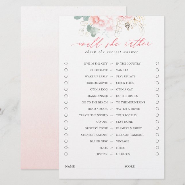 Would She Rather Greenery Pink Floral Bridal Game (Front/Back)
