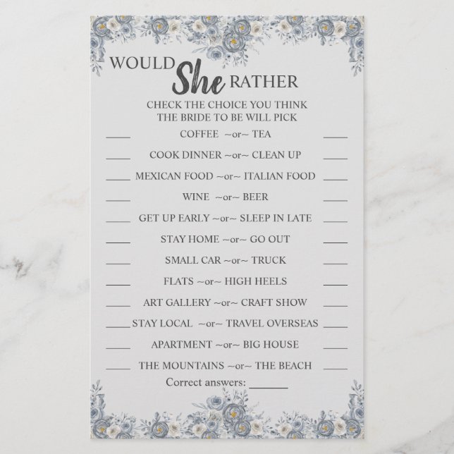 Would She Rather Grey Bridal Shower Game Card (Front)