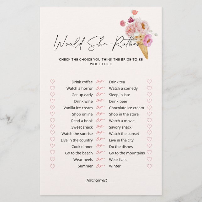 Would She Rather Ice Cream Bridal Shower Game  (Front)