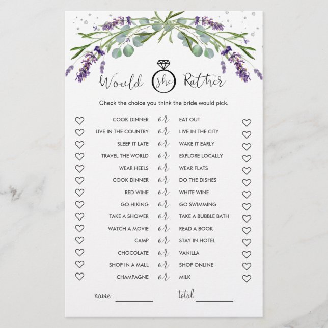 Would She Rather Lavender Eucalyptus Bridal Game (Front)