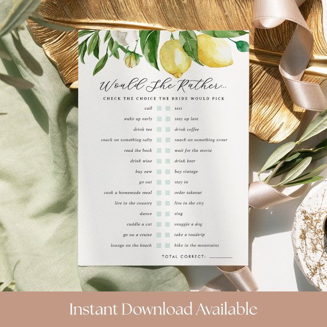 Would She Rather Lemon Bridal Shower Game Card (Creator Uploaded)