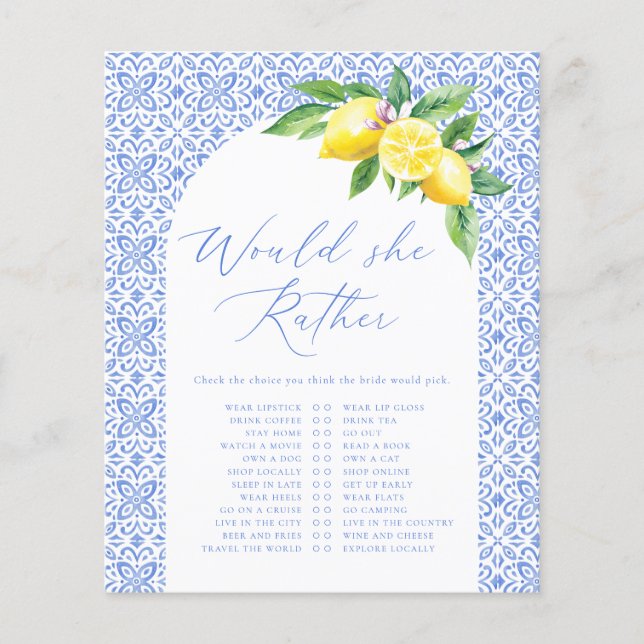 Would she Rather Lemon Italian Bridal Shower Game (Front)