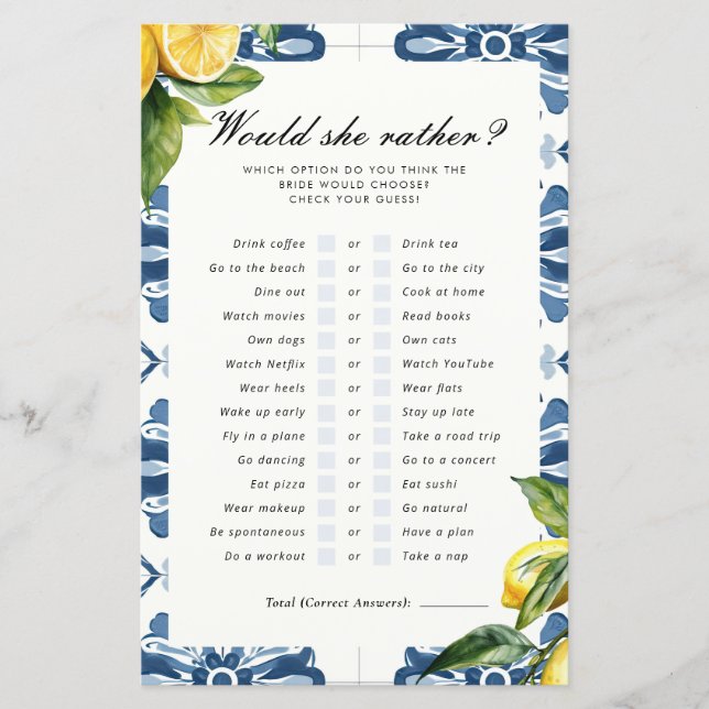 Would She Rather Lemon Positano Bridal Shower Game (Front)