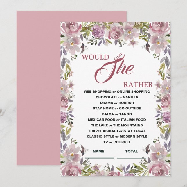 Would She Rather Lilac Floral Bridal Shower Game I Invitation (Front/Back)
