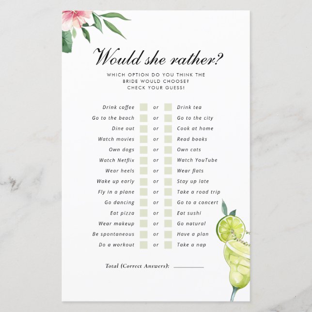 Would She Rather Margarita Mexican Bridal Game (Front)