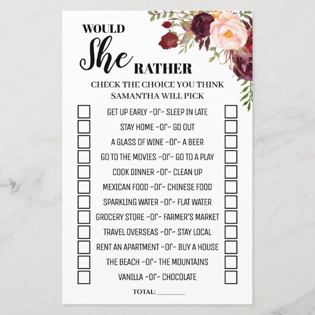 Would She Rather Marsala Bridal Shower Game (Front)
