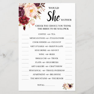 Would She Rather Marsala Bridal Shower Game Card