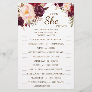 Would She Rather Marsala Bridal Shower Game Card
