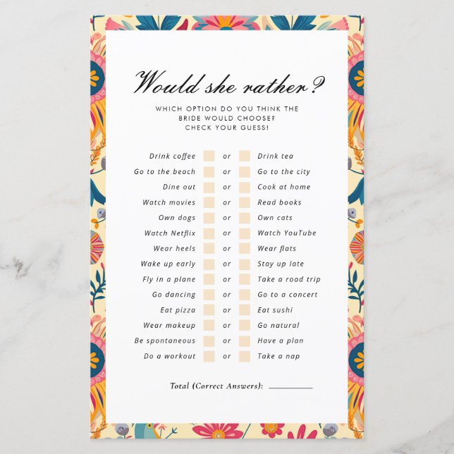 Would She Rather Mexican Floral Bridal Shower Game (Front)