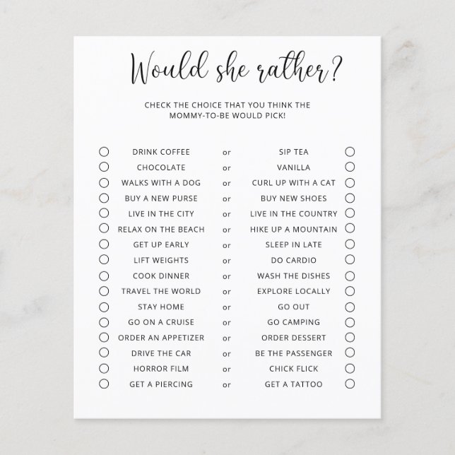 Would She Rather Minimalist Baby Shower Game (Front)