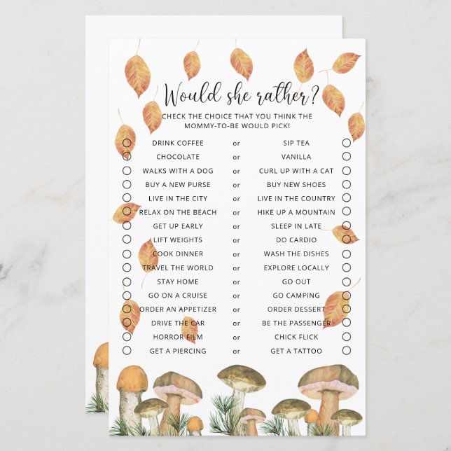 Would She Rather - Mushrooms Baby Shower Game (Front/Back)