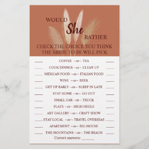 Would She Rather Pampas Bridal Shower Game Card