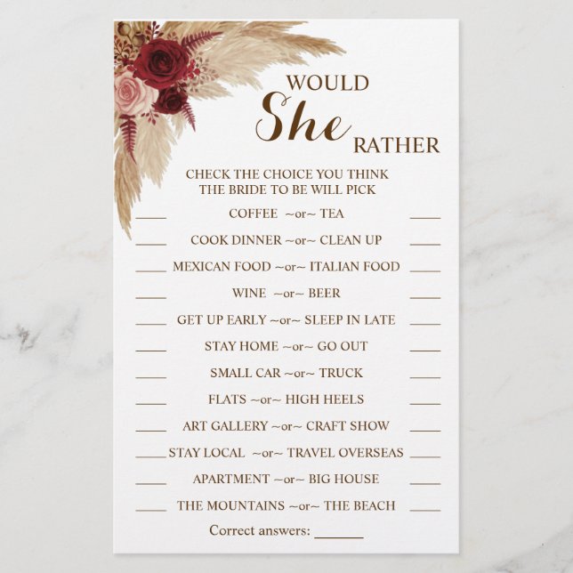 Would She Rather Pampas Bridal Shower Game Card (Front)