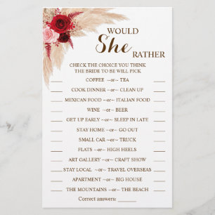 Would She Rather Pampas Bridal Shower Game Card