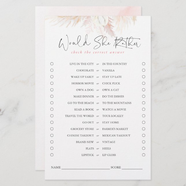 Would She Rather Pampas Grass Bridal Game (Front/Back)