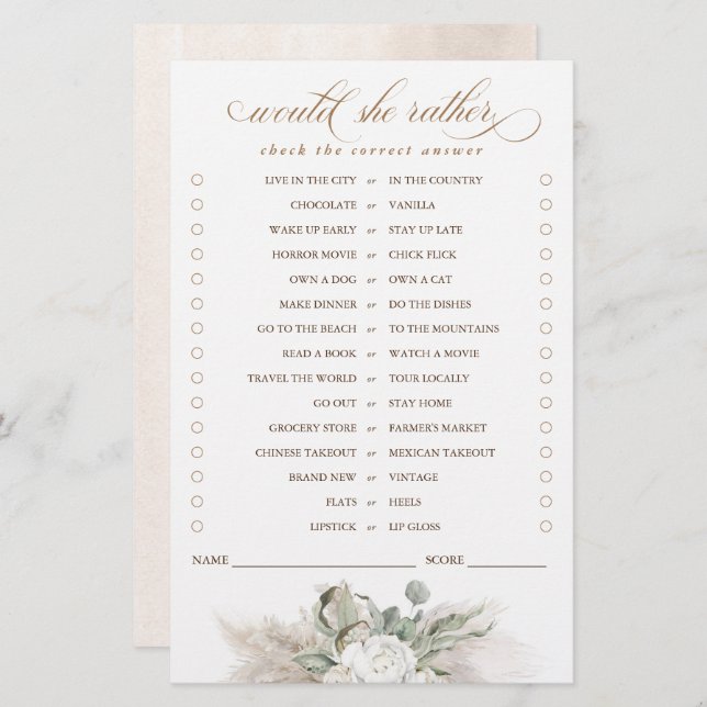 Would She Rather Pampas Grass Bridal Game (Front/Back)