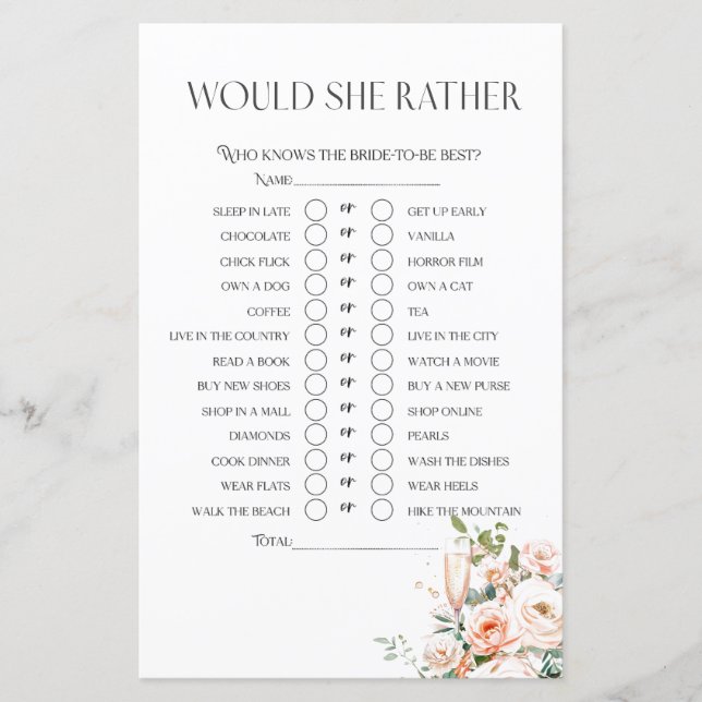 Would She Rather Petals And Prosecco Bridal Game (Front)