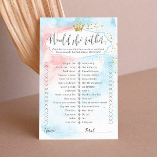 Would she rather pink blue gold gender reveal game