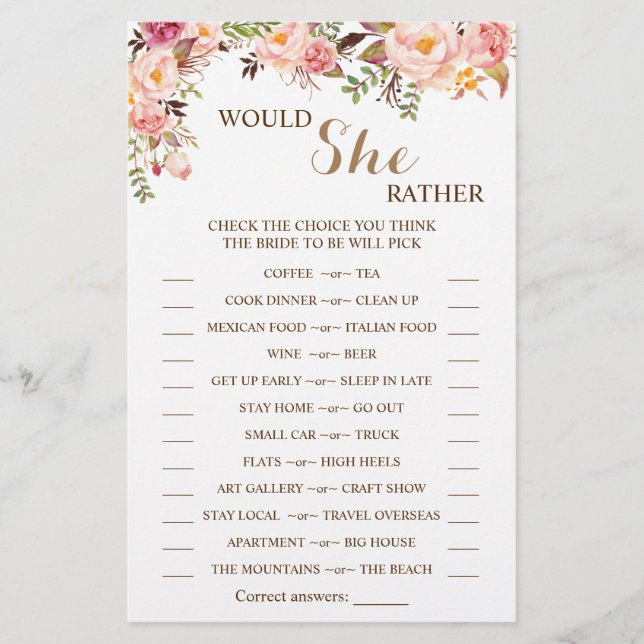Would She Rather Pink Bridal Shower Game Card (Front)