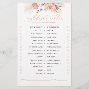 Would She Rather Pink Floral Bridal Game