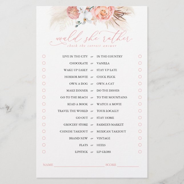 Would She Rather Pink Floral Bridal Game (Front)