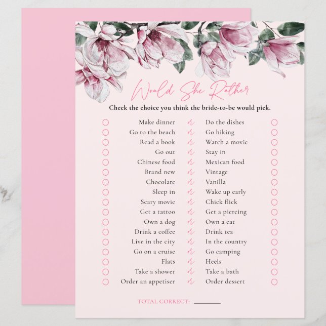 Would She Rather | Pink Floral Bridal Shower Game (Front/Back)