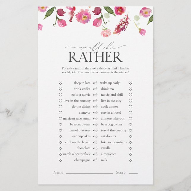 Would She Rather Pink Flowers Bridal Shower Game (Front)