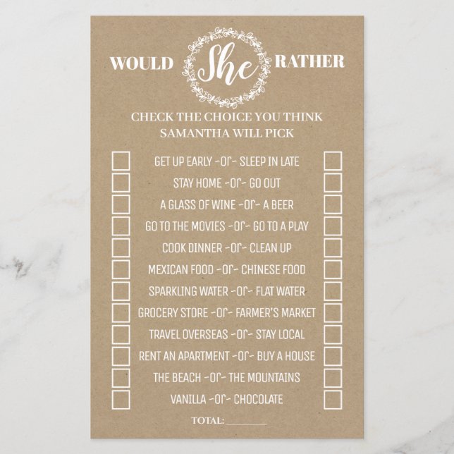 Would She Rather rustic shower bilingual game (Front)