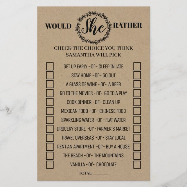 Would She Rather rustic shower bilingual game (Front)