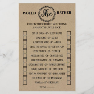 Would She Rather rustic shower bilingual game Flyer