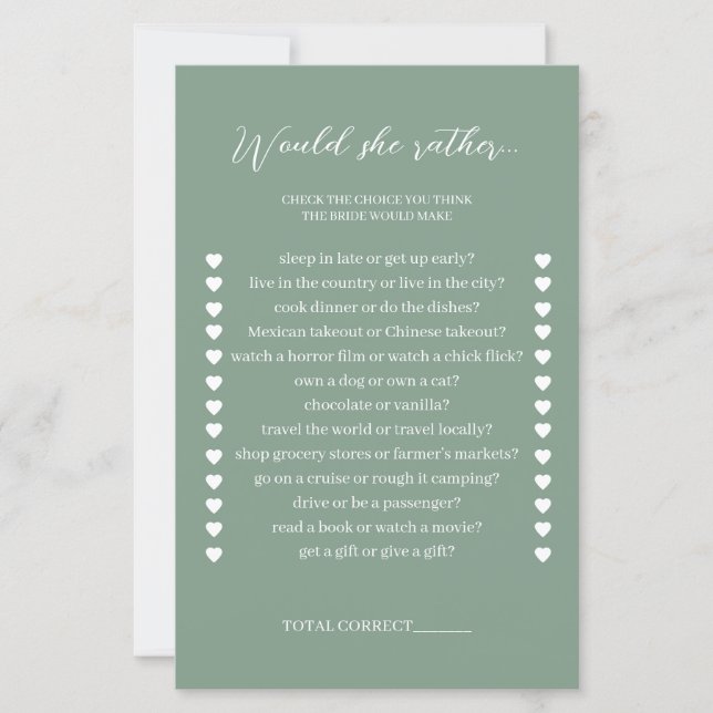 Would She Rather Sage Green Bridal Shower Game (Front)