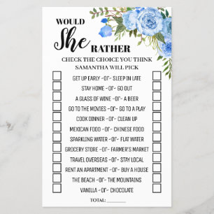 Would She Rather shower english spanish game card