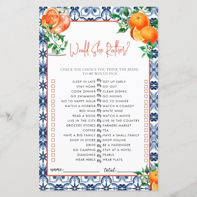 Would She Rather? Spritz Bridal Shower Game (Front)