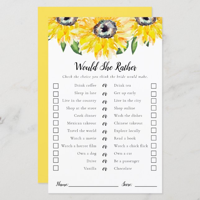 Would She Rather Sunflower Bridal Shower Game  (Front/Back)