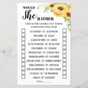 Would She Rather Sunflower Bridal Shower Game Card