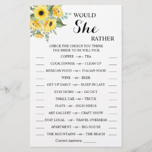 Would She Rather Sunflower Bridal Shower Game Card