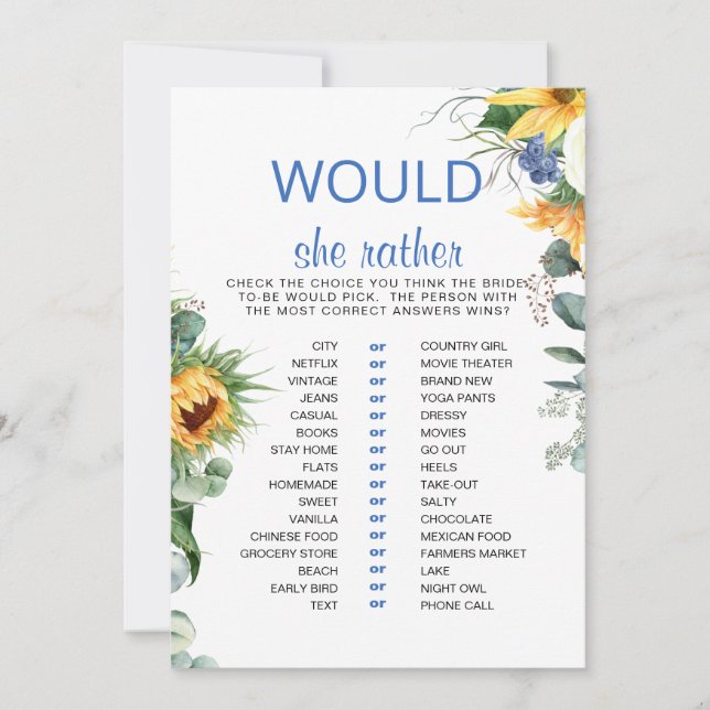 Would She Rather Sunflower Bridal Shower Invitation (Front)