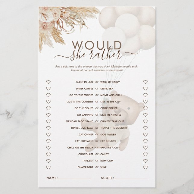 Would She Rather Teddy Bear Baby Shower Game (Front)