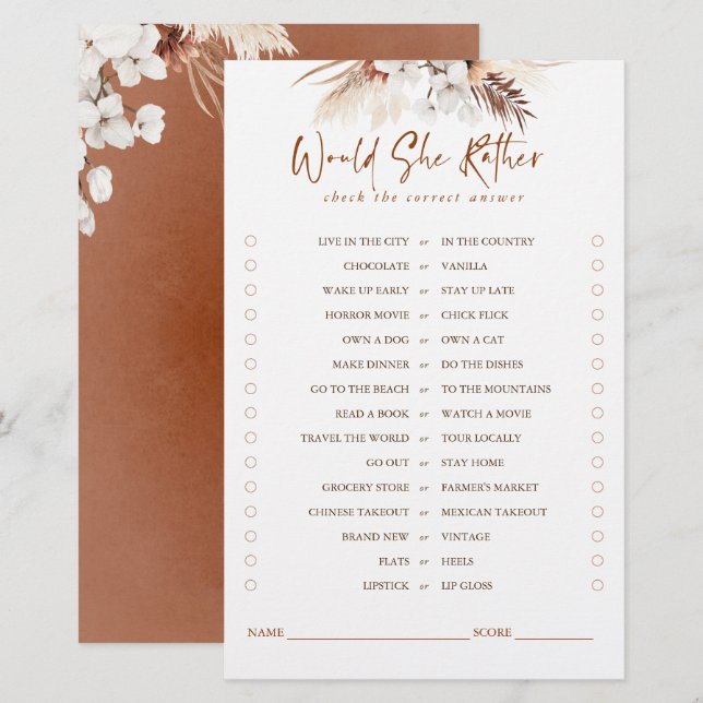 Would She Rather Terracotta Floral Bridal Game (Front/Back)