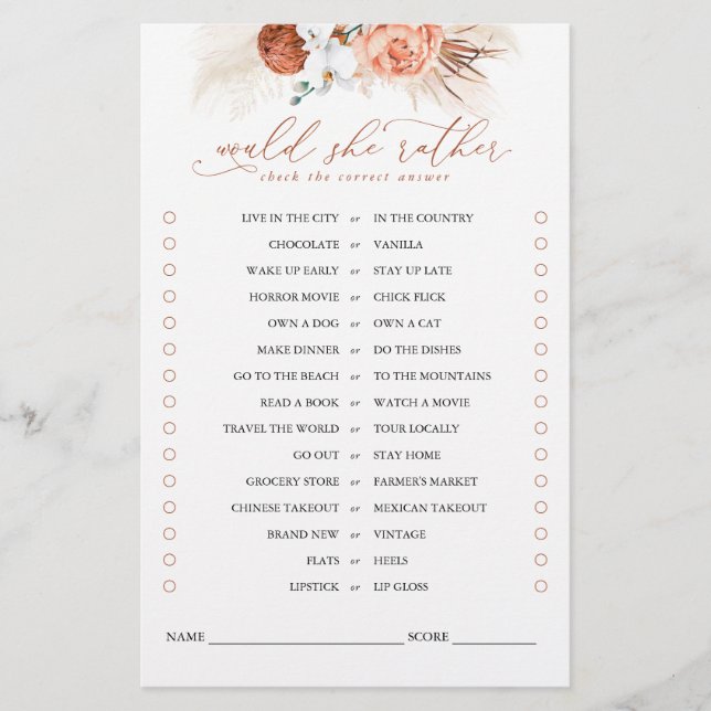 Would She Rather Terracotta Floral Bridal Game (Front)