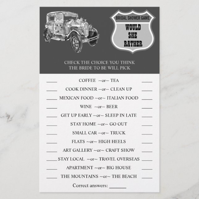 Would She Rather Wedding Car Shower Game Card (Front)