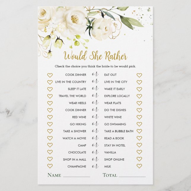 Would She Rather White Roses Bridal Shower Game Flyer (Front)